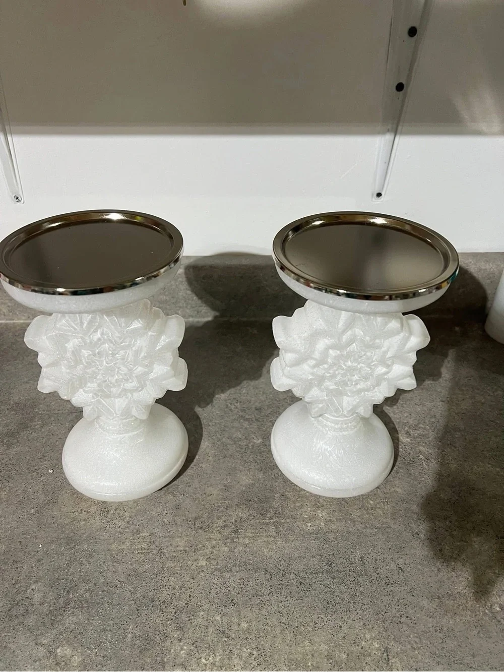 Valerie parr hill snowflake White Milk Glass pair of pedestals with Silver Trim